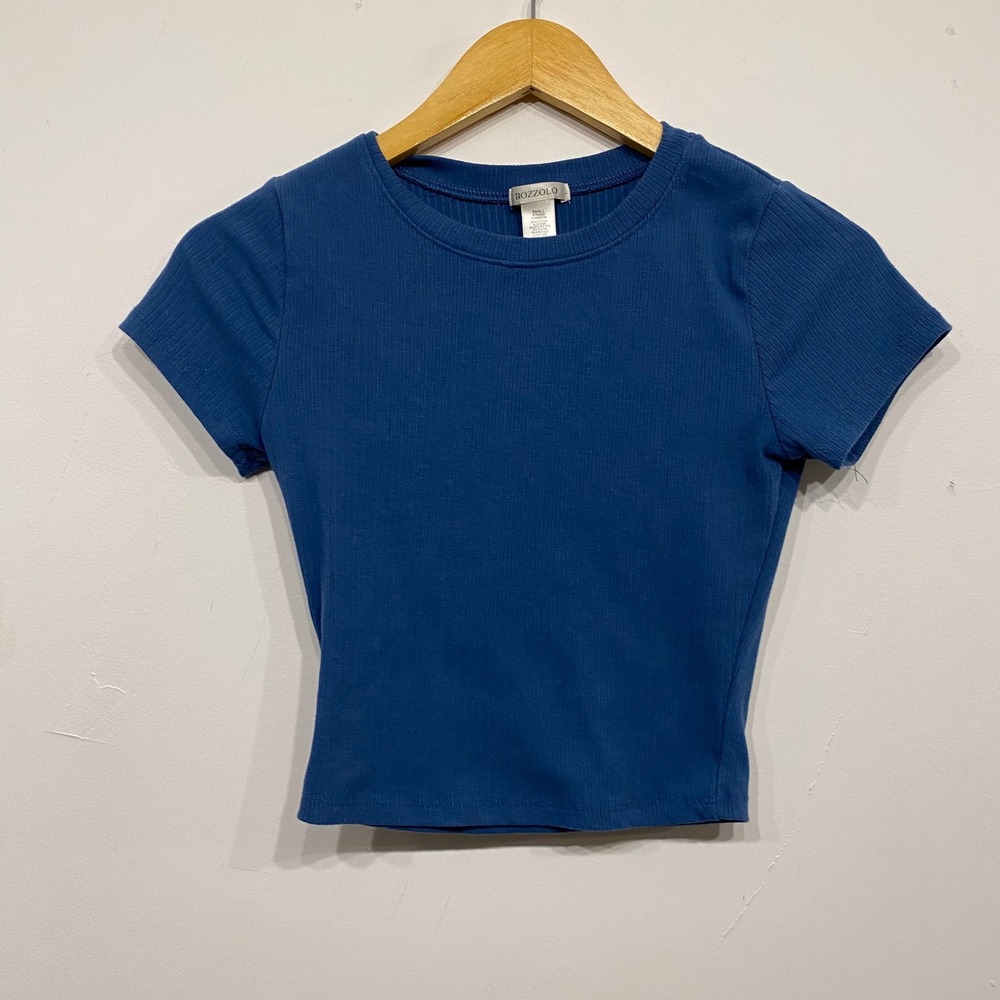 Bozzolo Womens Blue Ribbed Short Sleeve Crop Baby Tee Crew Neck Small RT62828